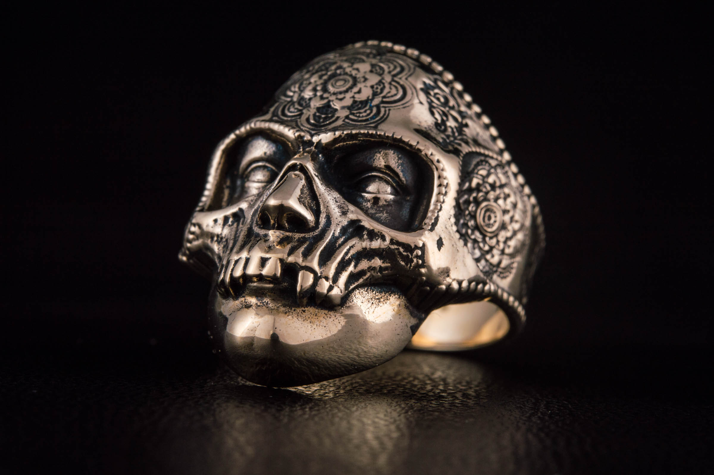 Skull Mask Ring with Ornament Bronze Unique Norse Jewelry - vikingworkshop