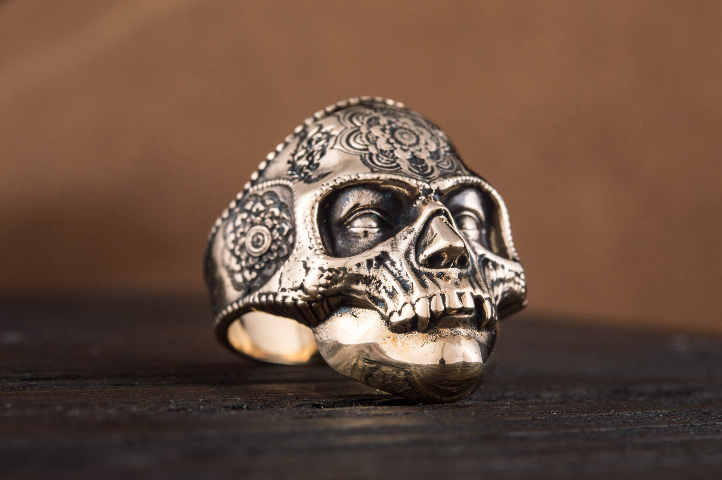 Skull Mask Ring with Ornament Bronze Unique Norse Jewelry - vikingworkshop