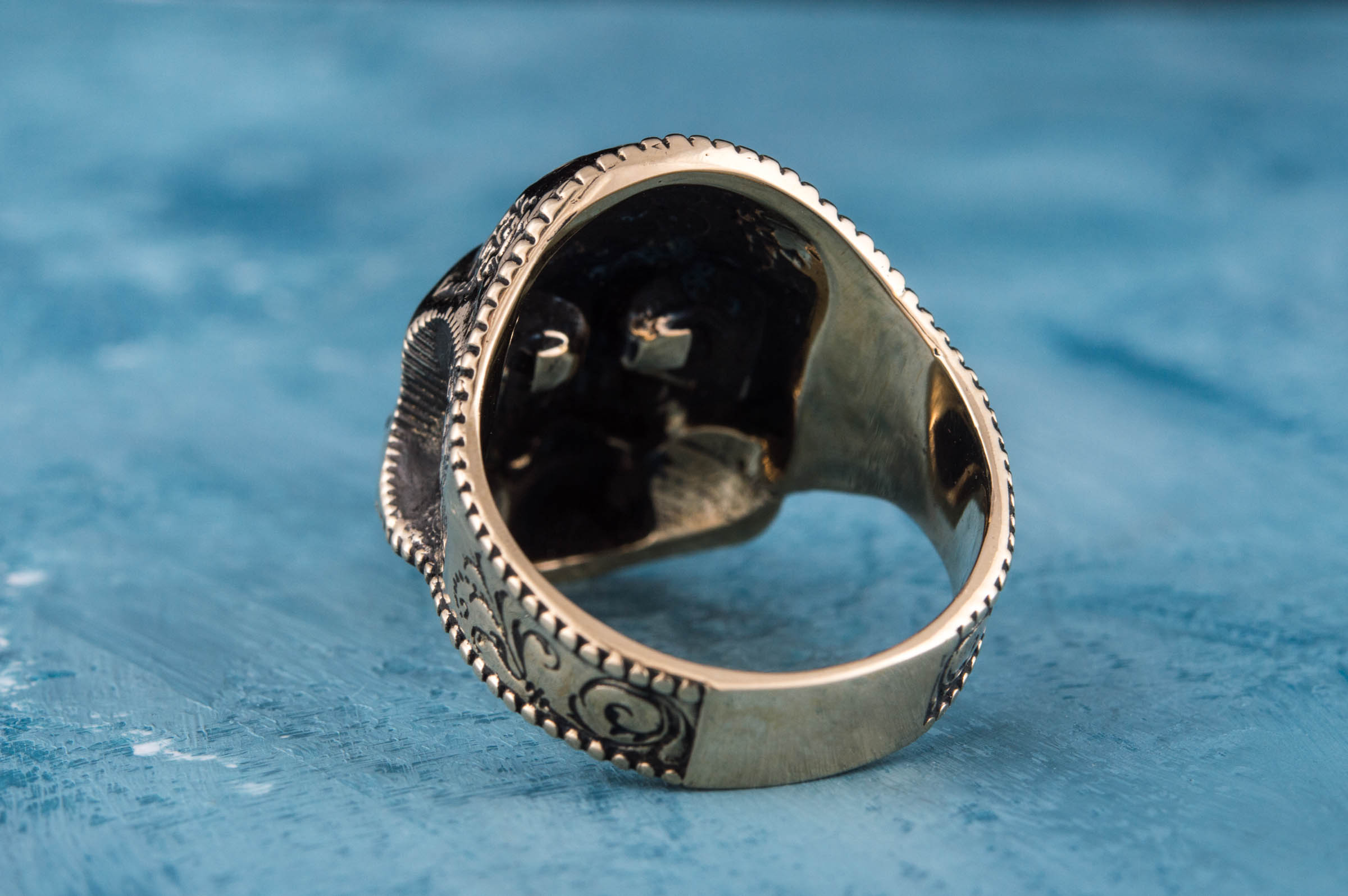 Skull Mask Ring with Ornament Bronze Unique Norse Jewelry - vikingworkshop