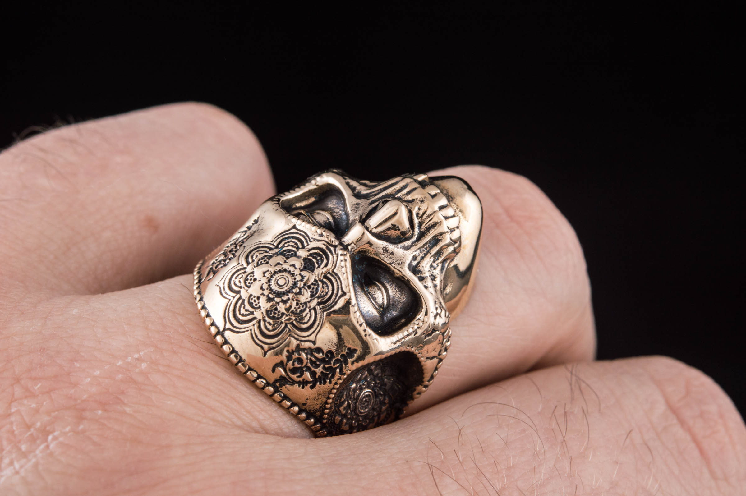 Skull Mask Ring with Ornament Bronze Unique Norse Jewelry - vikingworkshop