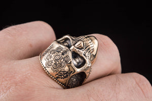 Skull Mask Ring with Ornament Bronze Unique Norse Jewelry - vikingworkshop