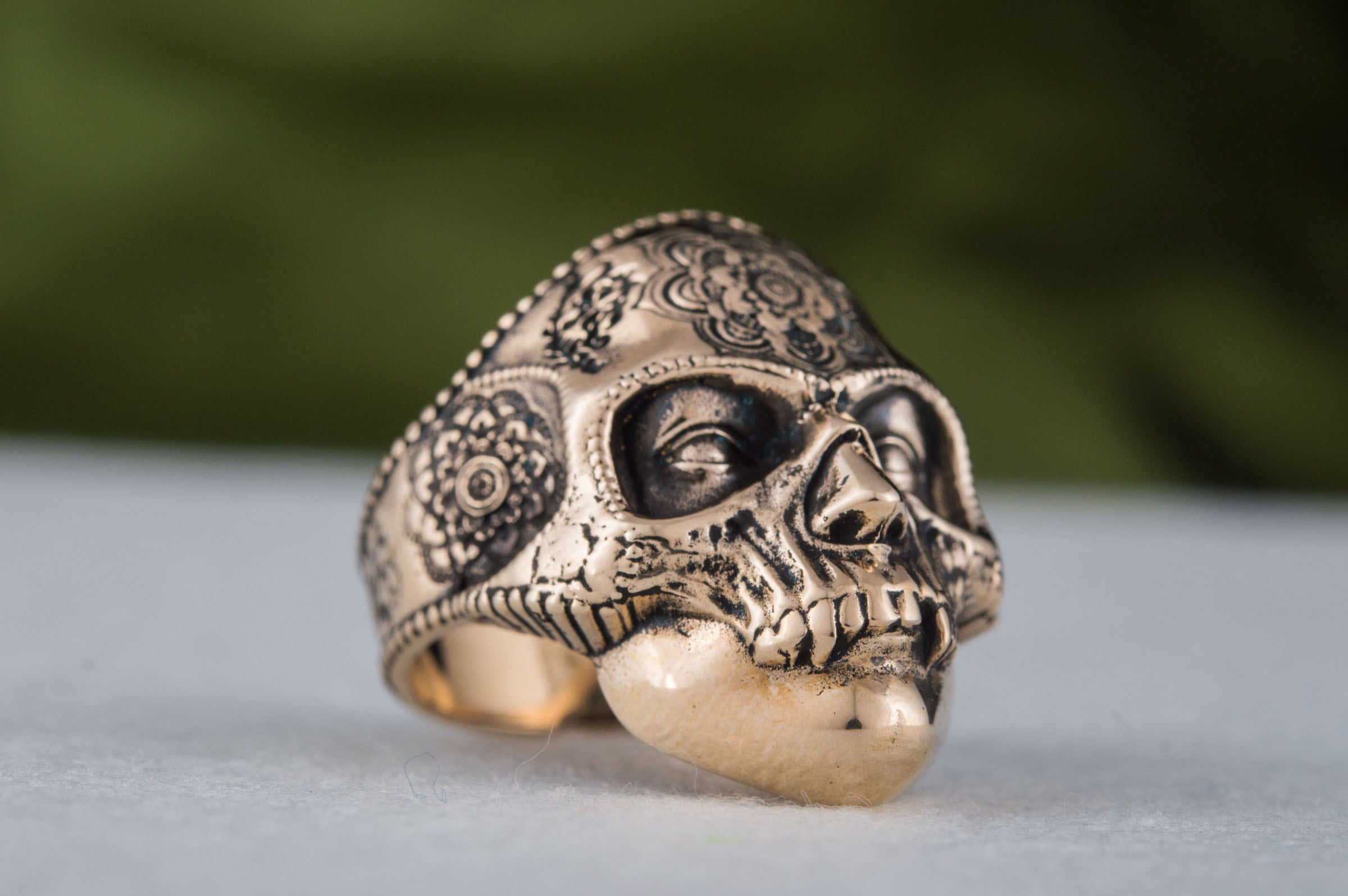 Skull Mask Ring with Ornament Bronze Unique Norse Jewelry - vikingworkshop