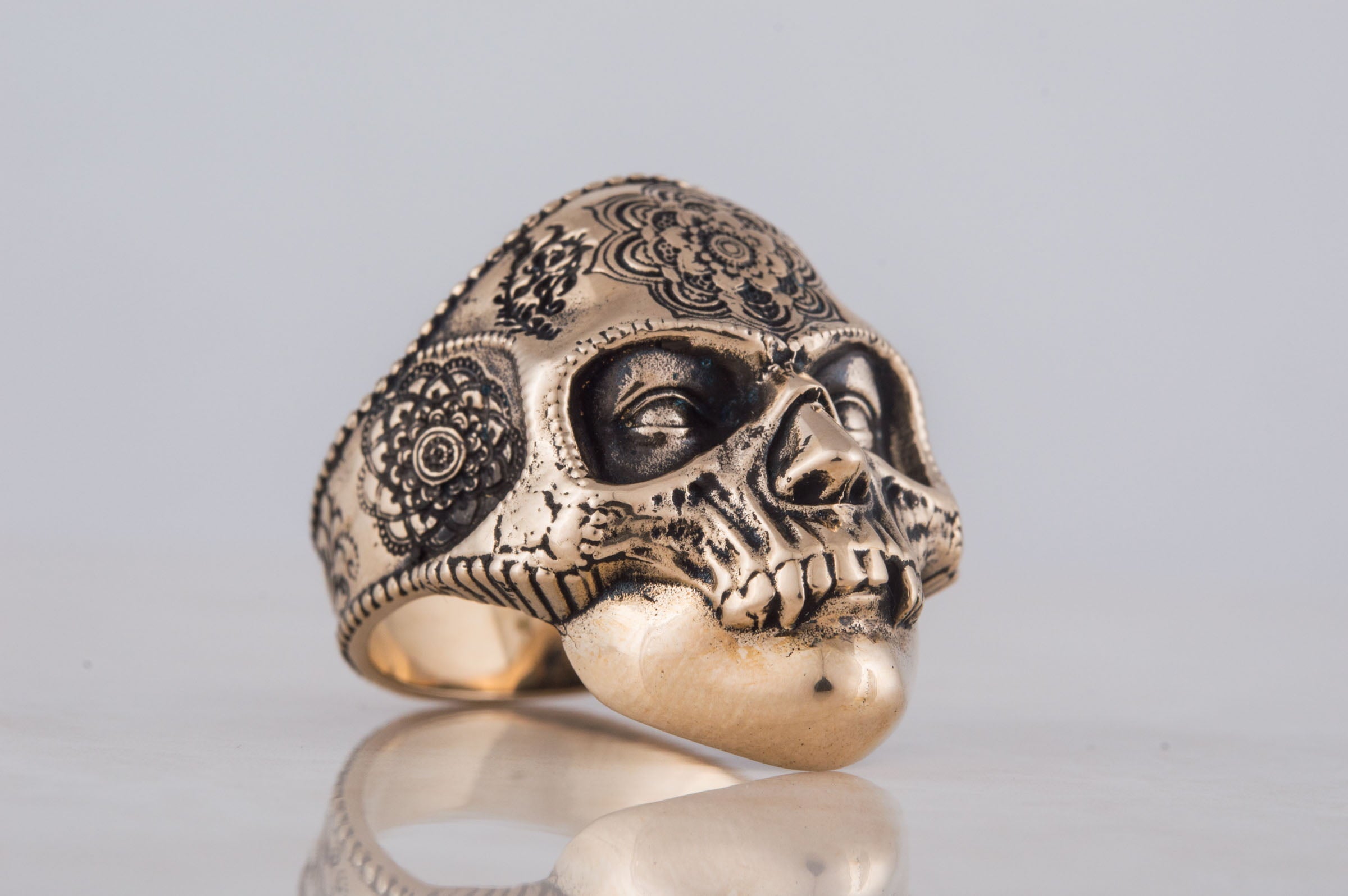 Skull Mask Ring with Ornament Bronze Unique Norse Jewelry - vikingworkshop