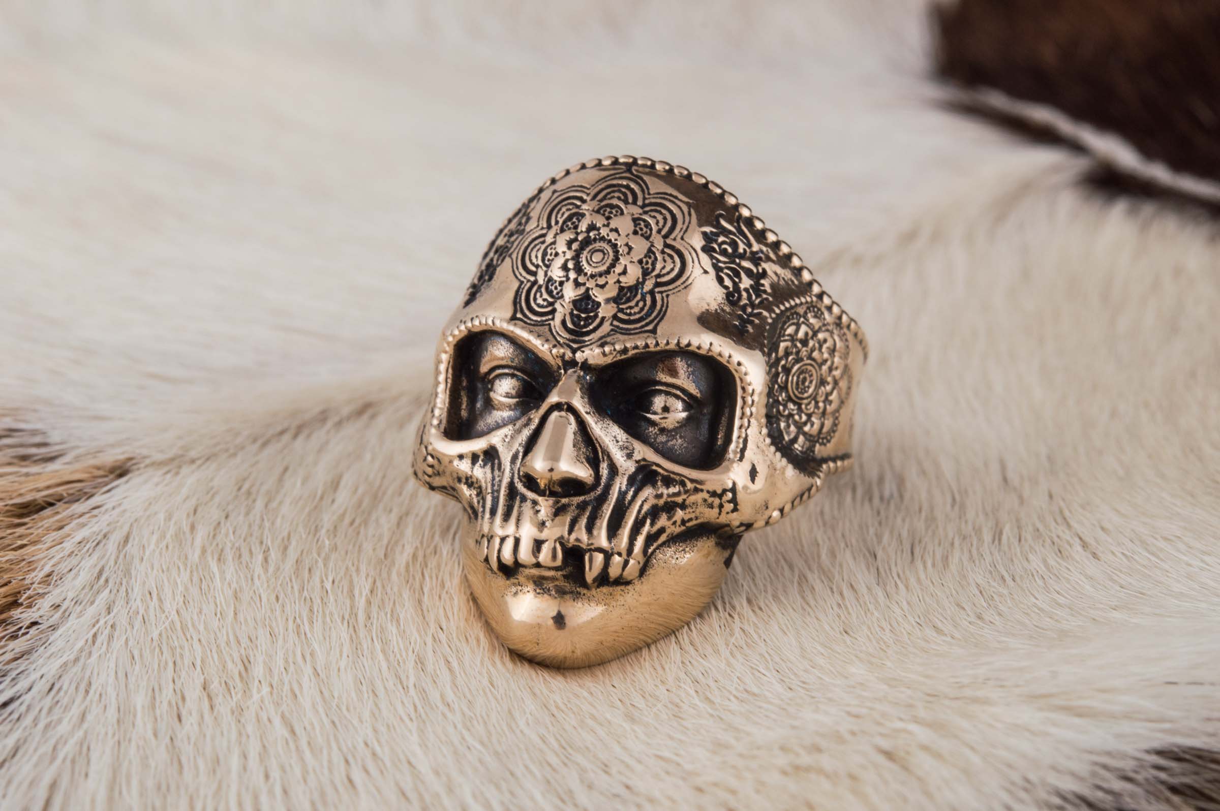 Skull Mask Ring with Ornament Bronze Unique Norse Jewelry - vikingworkshop