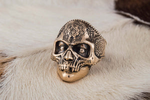 Skull Mask Ring with Ornament Bronze Unique Norse Jewelry - vikingworkshop