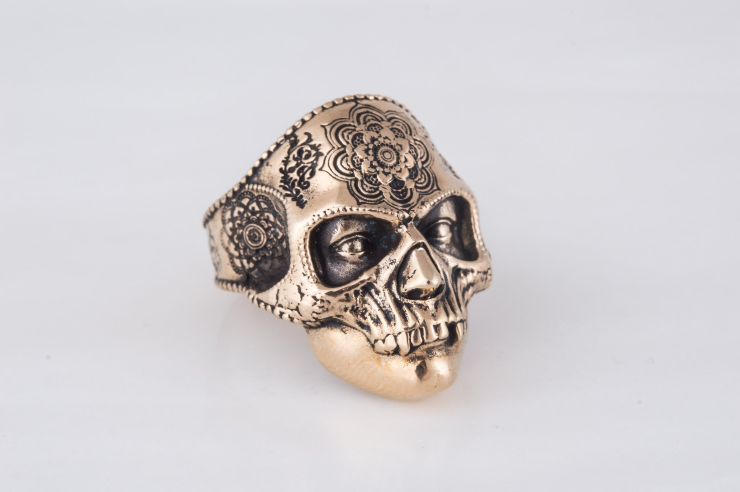 Skull Mask Ring with Ornament Bronze Unique Norse Jewelry - vikingworkshop