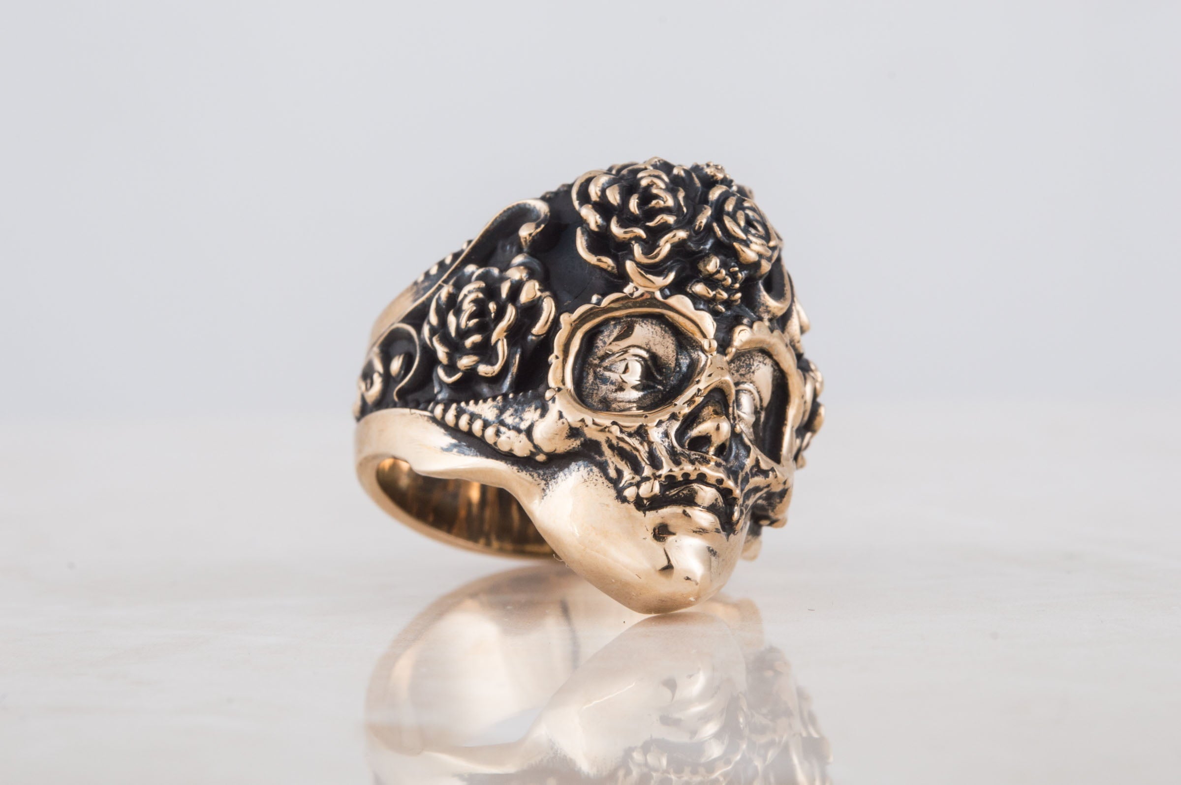 Mask Ring with Flower Ornament Bronze Unique Handmade Jewelry - vikingworkshop