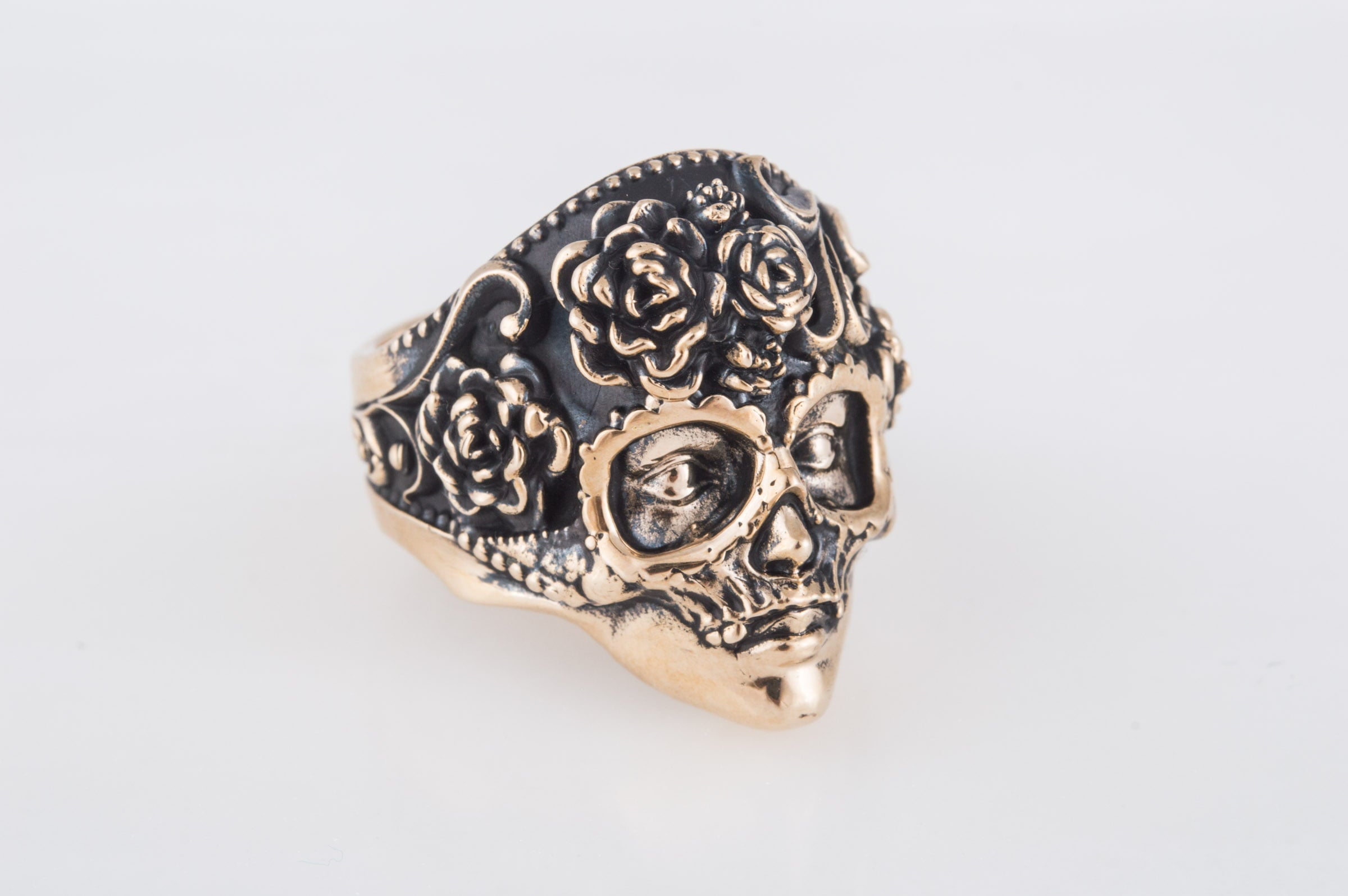 Mask Ring with Flower Ornament Bronze Unique Handmade Jewelry - vikingworkshop