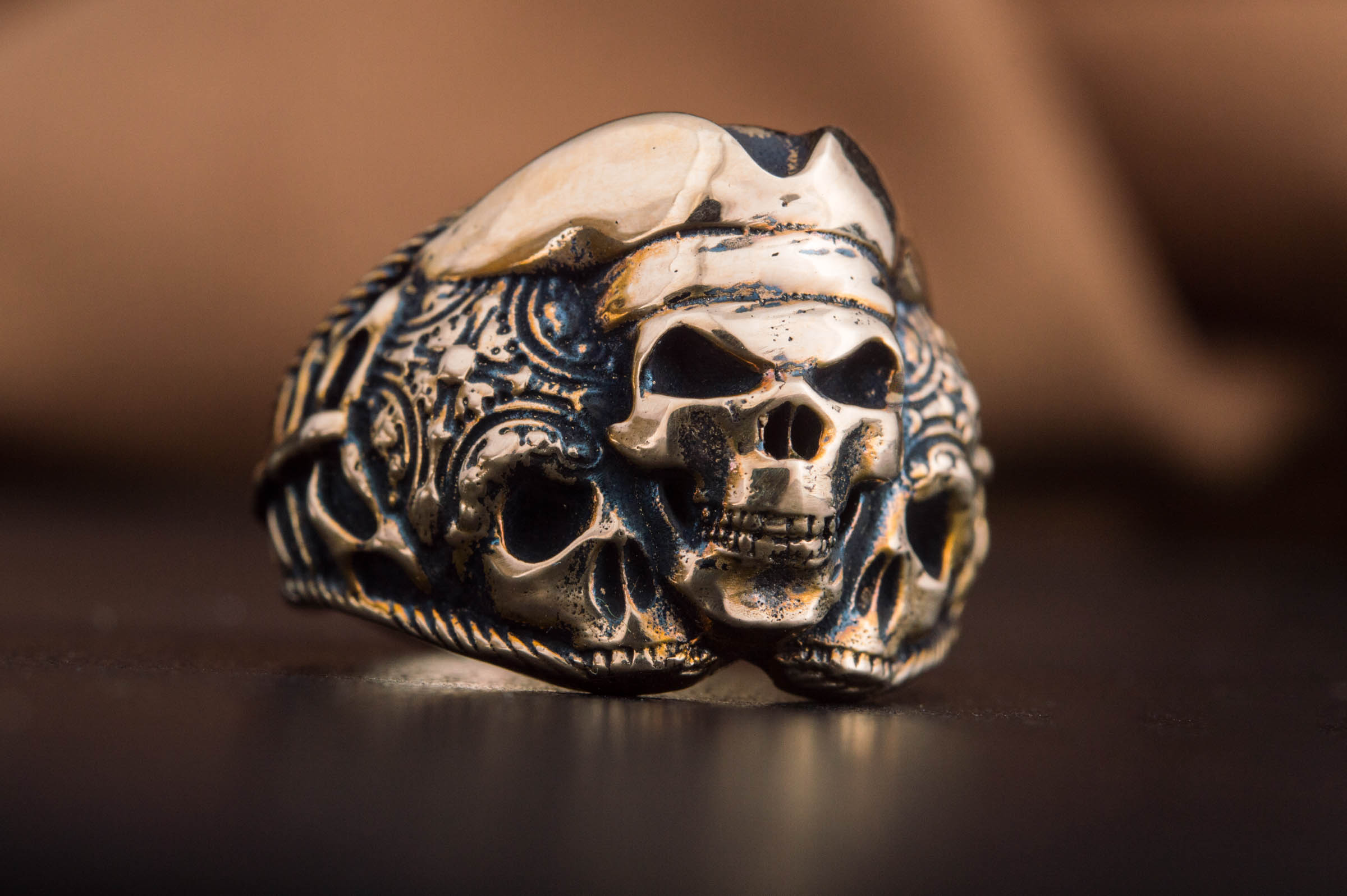 Pirate Skull Ring Bronze Unique Handmade Jewelry - vikingworkshop