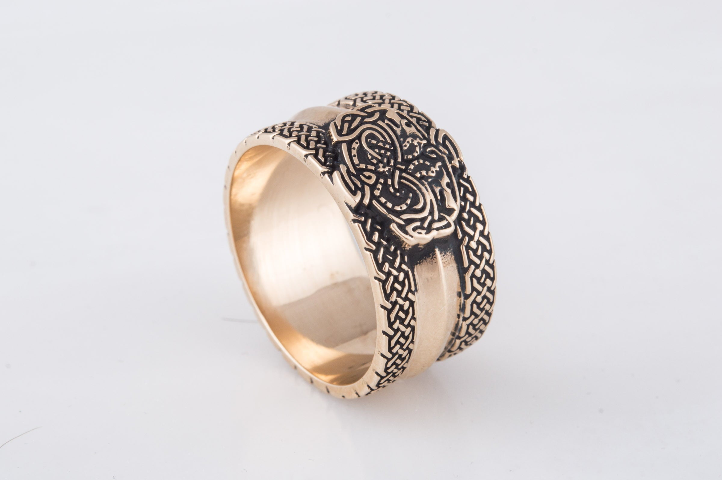 Norse Ornament Ring with Wolves Bronze Viking Jewelry - vikingworkshop