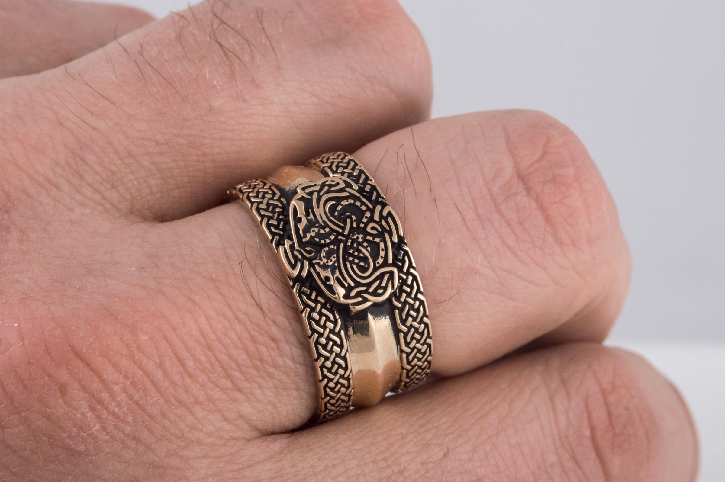 Norse Ornament Ring with Wolves Bronze Viking Jewelry - vikingworkshop