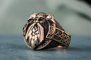 Ring with Odin and Raven Bronze Handcrafted Jewelry - vikingworkshop