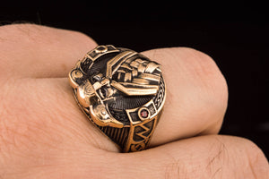 Ring with Odin and Raven Bronze Handcrafted Jewelry - vikingworkshop