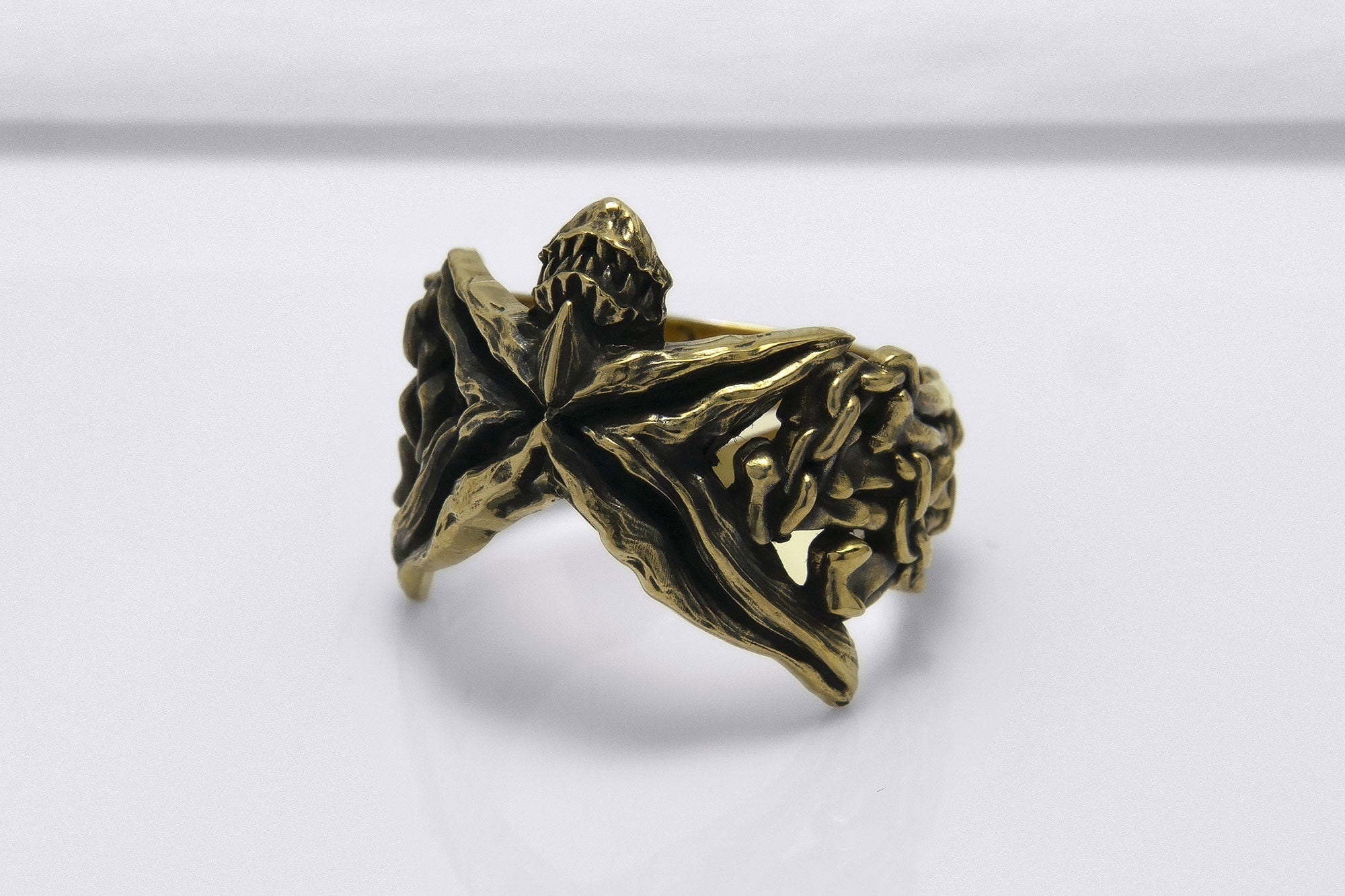 Bronze Starfish Ring with Shark and Chain, Handcrafted Marine Jewelry - vikingworkshop