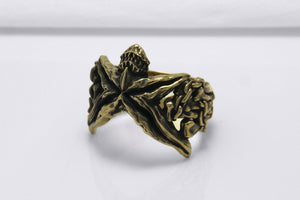 Bronze Starfish Ring with Shark and Chain, Handcrafted Marine Jewelry - vikingworkshop