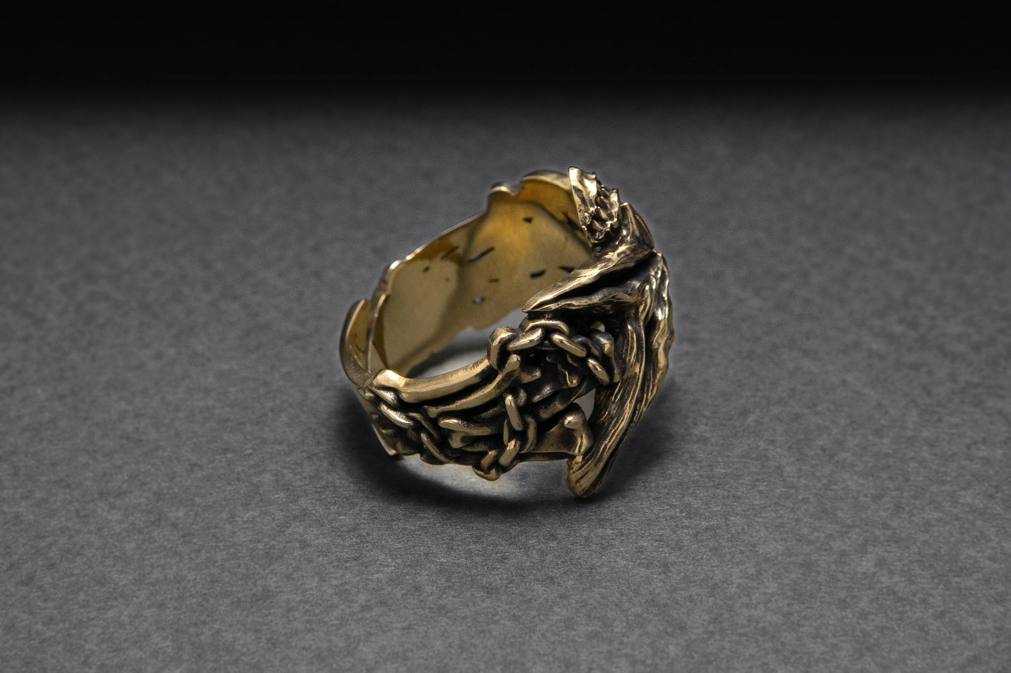 Bronze Starfish Ring with Shark and Chain, Handcrafted Marine Jewelry - vikingworkshop