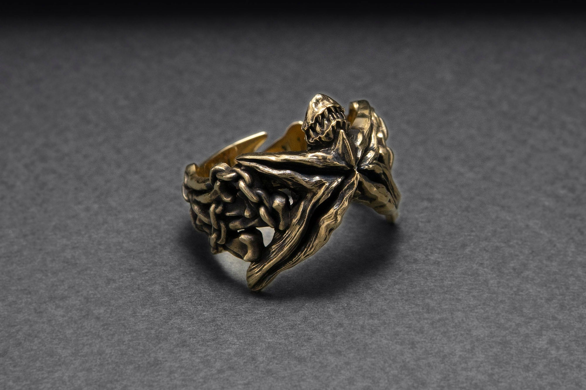 Bronze Starfish Ring with Shark and Chain, Handcrafted Marine Jewelry - vikingworkshop