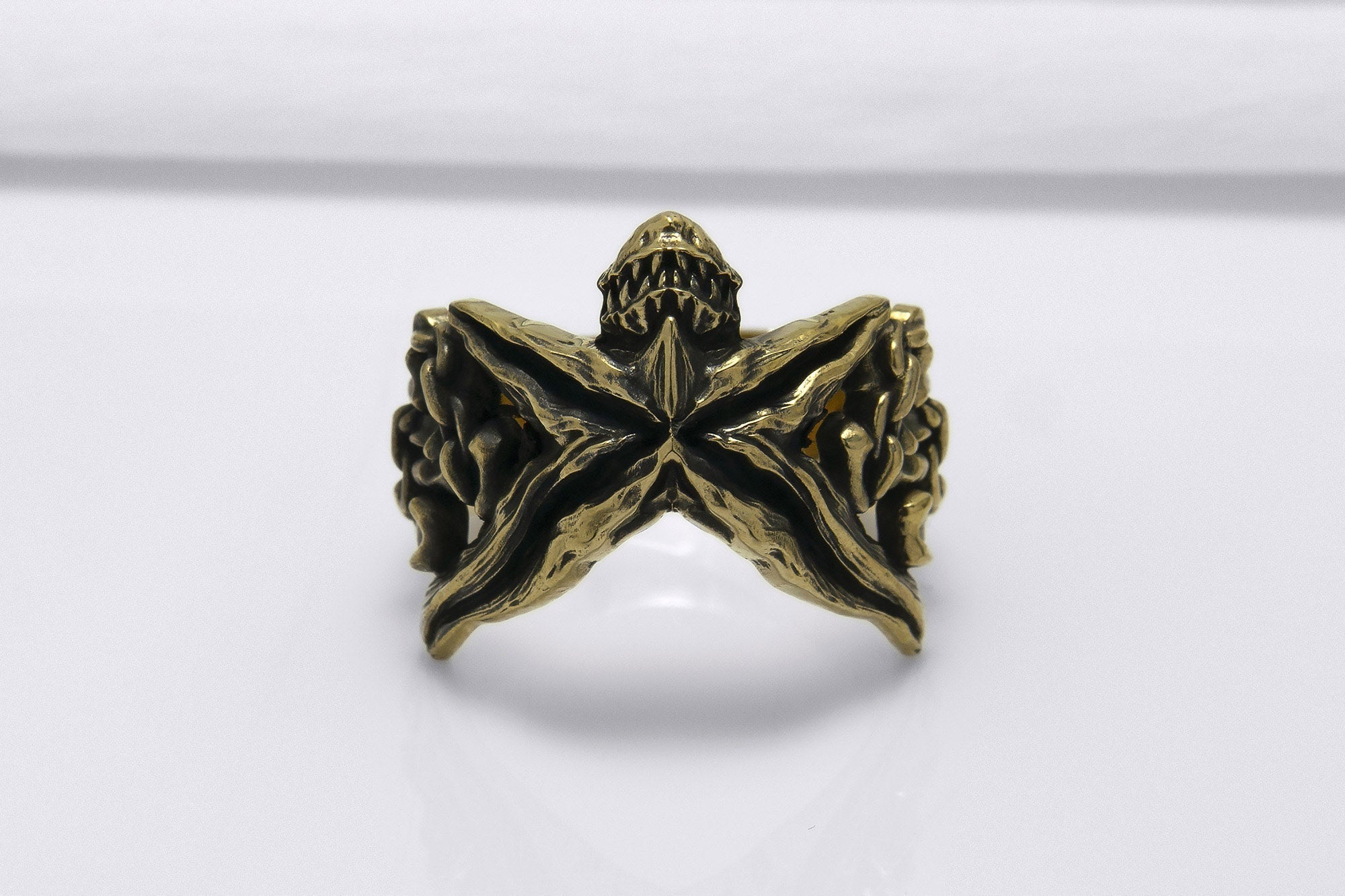 Bronze Starfish Ring with Shark and Chain, Handcrafted Marine Jewelry - vikingworkshop