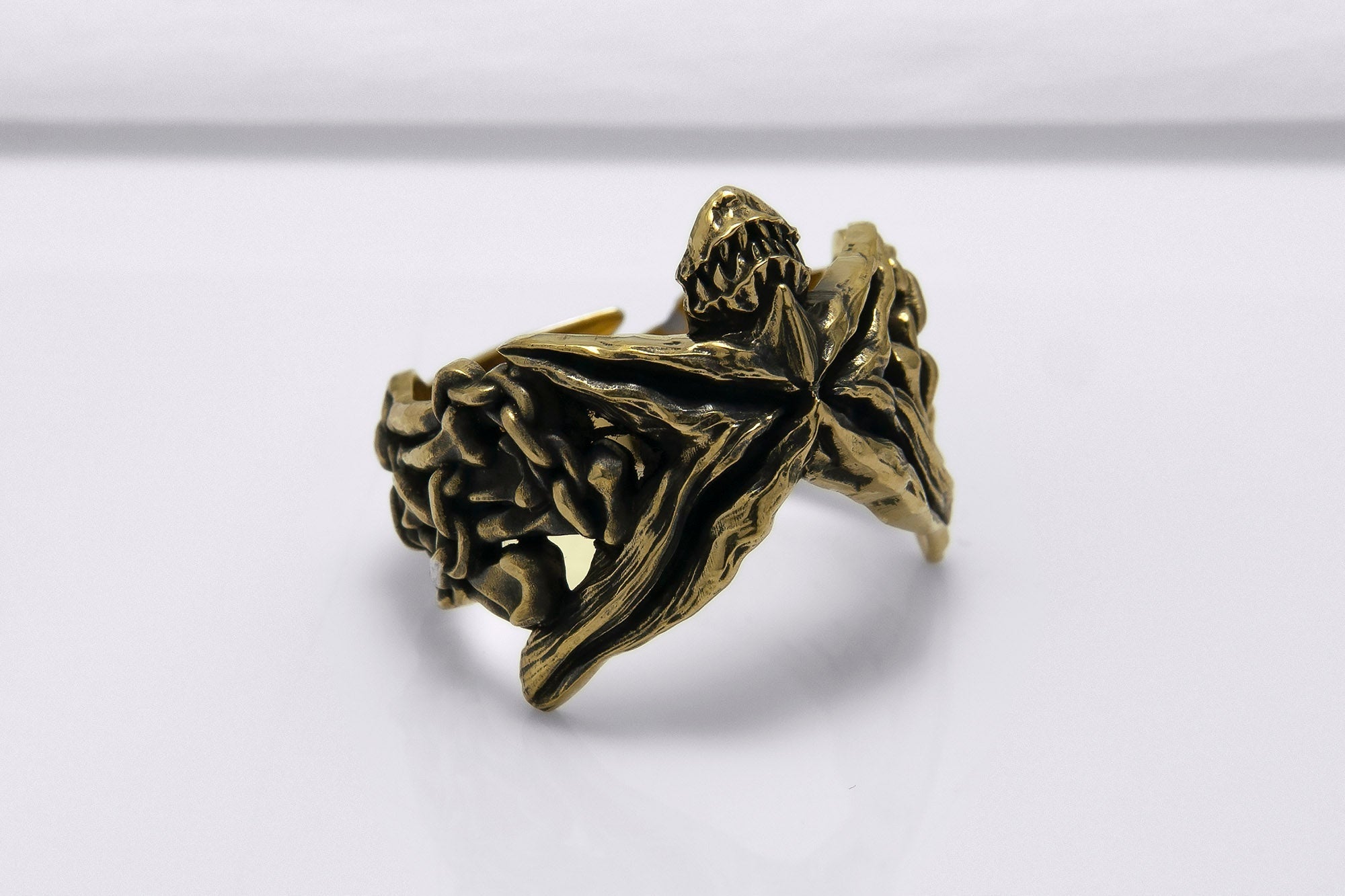 Bronze Starfish Ring with Shark and Chain, Handcrafted Marine Jewelry - vikingworkshop