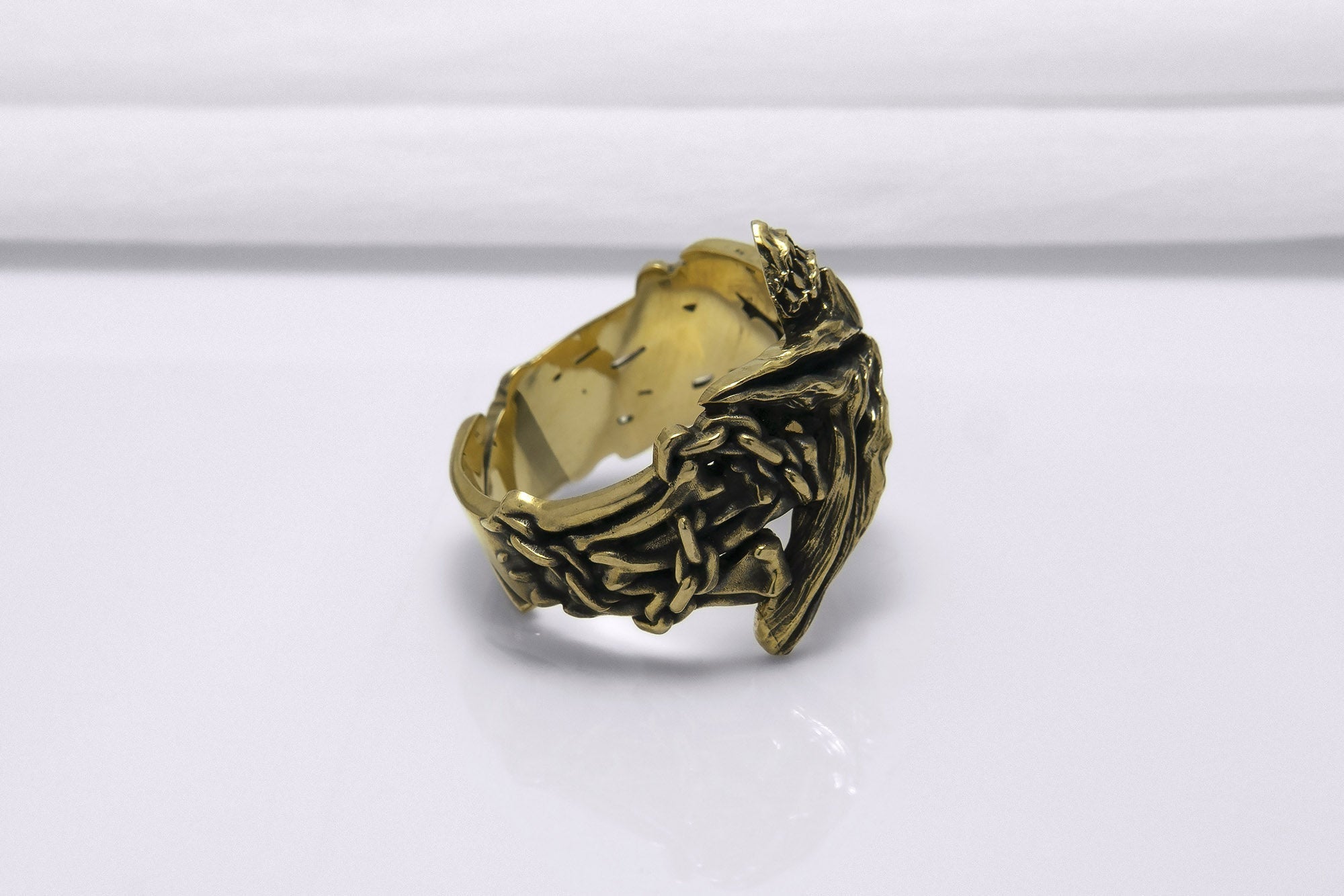 Bronze Starfish Ring with Shark and Chain, Handcrafted Marine Jewelry - vikingworkshop