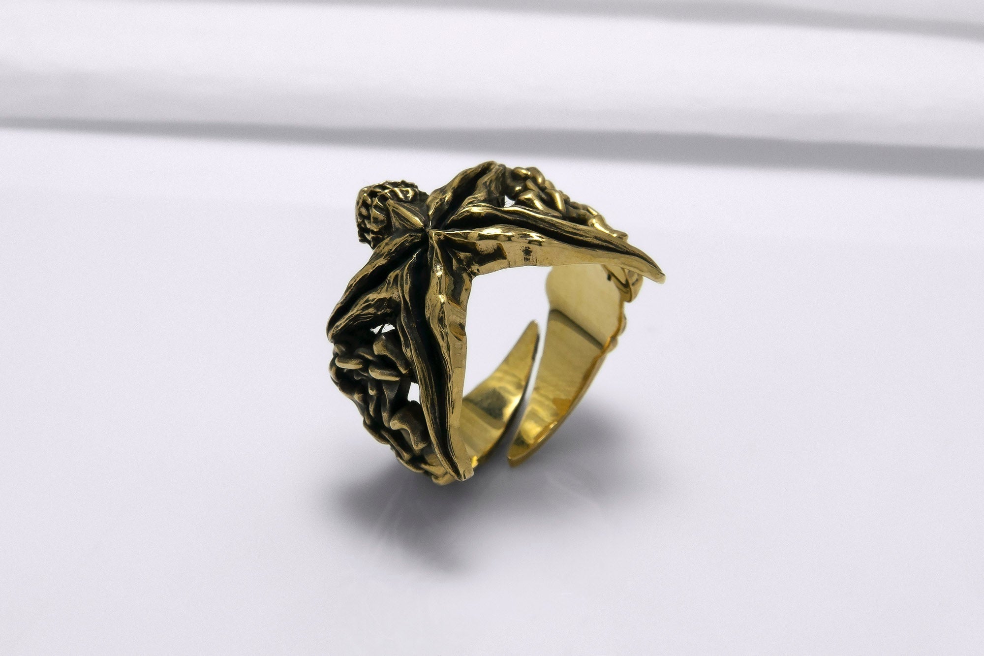 Bronze Starfish Ring with Shark and Chain, Handcrafted Marine Jewelry - vikingworkshop