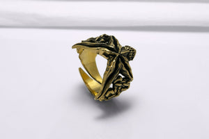 Bronze Starfish Ring with Shark and Chain, Handcrafted Marine Jewelry - vikingworkshop