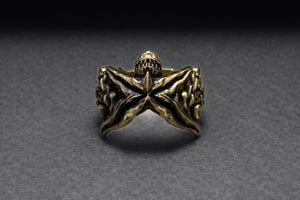 Bronze Starfish Ring with Shark and Chain, Handcrafted Marine Jewelry - vikingworkshop