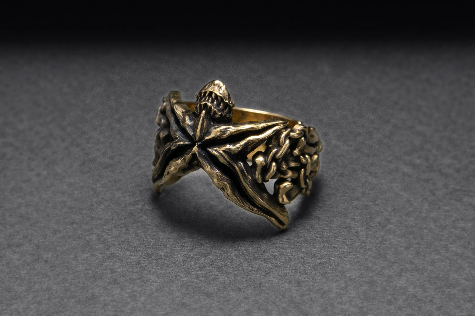 Bronze Starfish Ring with Shark and Chain, Handcrafted Marine Jewelry - vikingworkshop