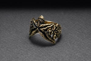 Bronze Starfish Ring with Shark and Chain, Handcrafted Marine Jewelry - vikingworkshop