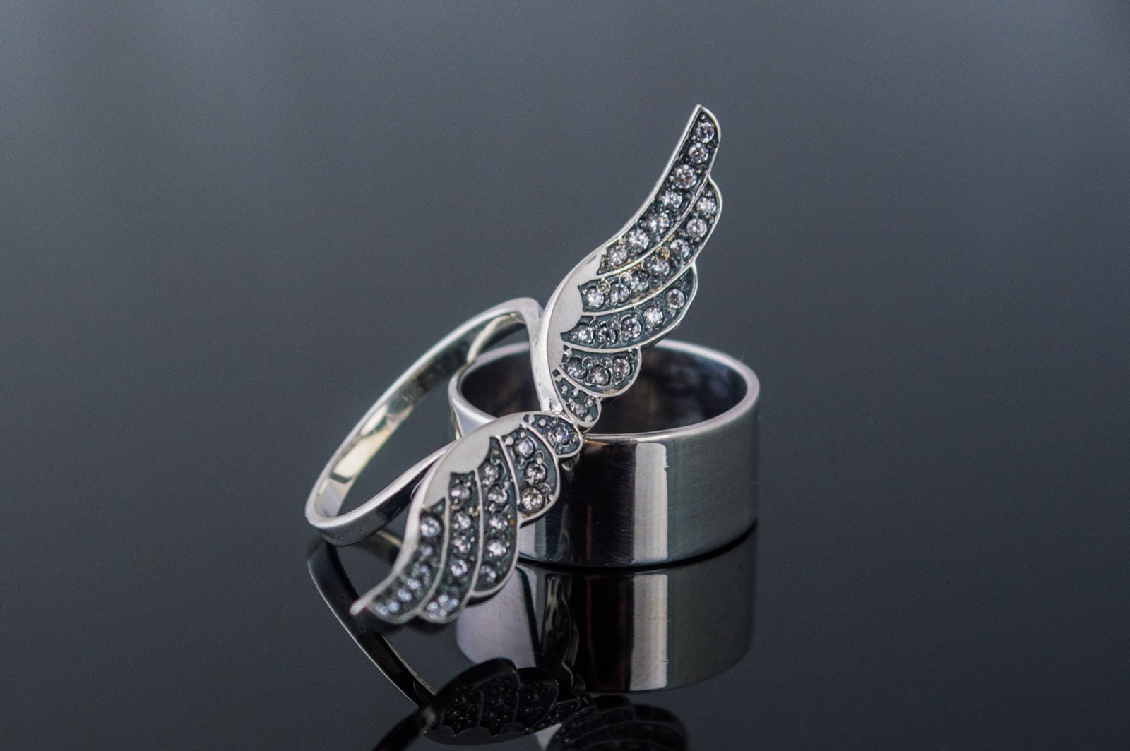 Bird Wings Ring with Gems Sterling Silver Ring Jewelry - vikingworkshop