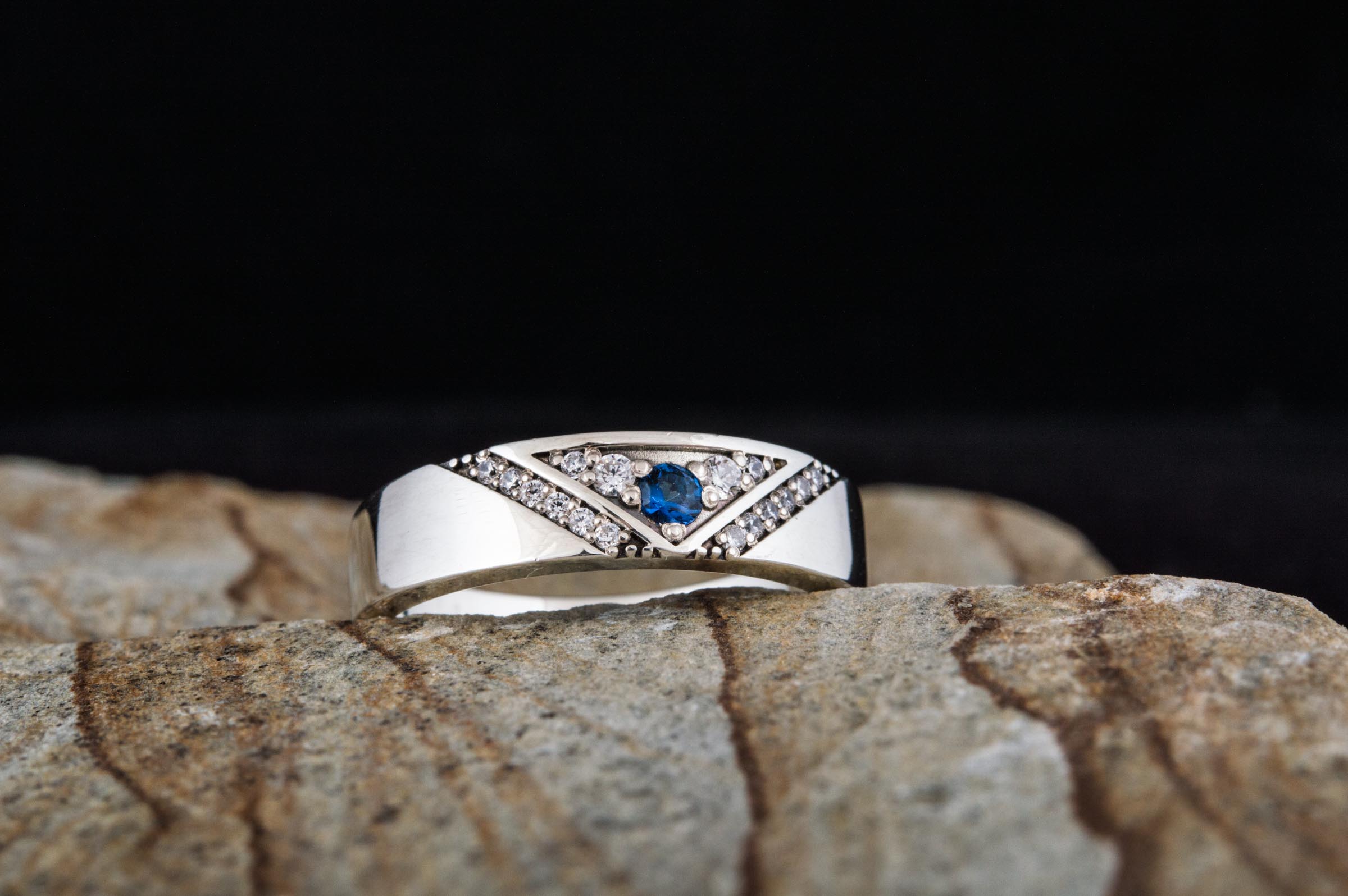 Fashion Ring with Blue Cubic Zirconia Sterling Silver Handmade Jewelry - vikingworkshop