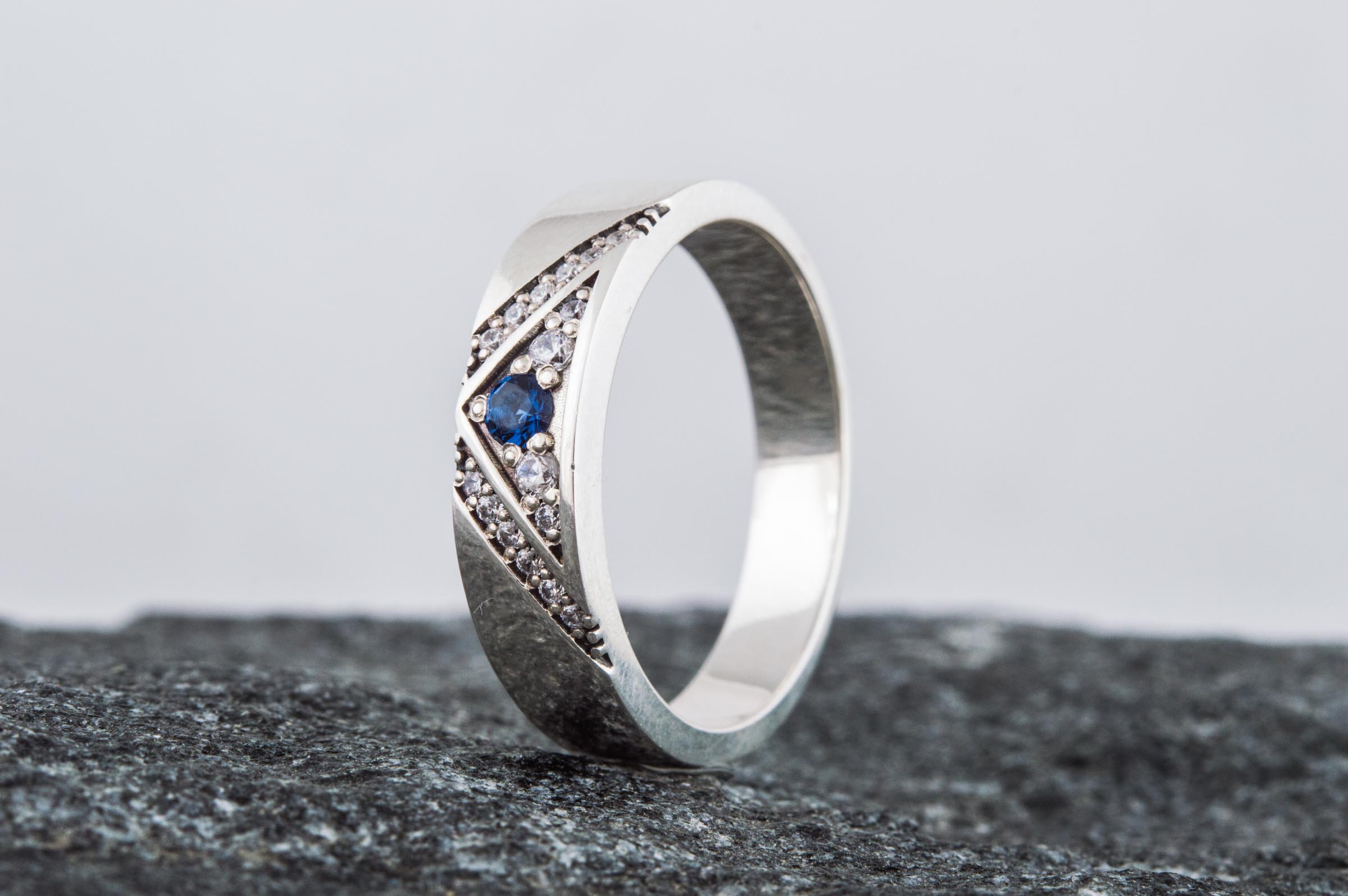 Fashion Ring with Blue Cubic Zirconia Sterling Silver Handmade Jewelry - vikingworkshop