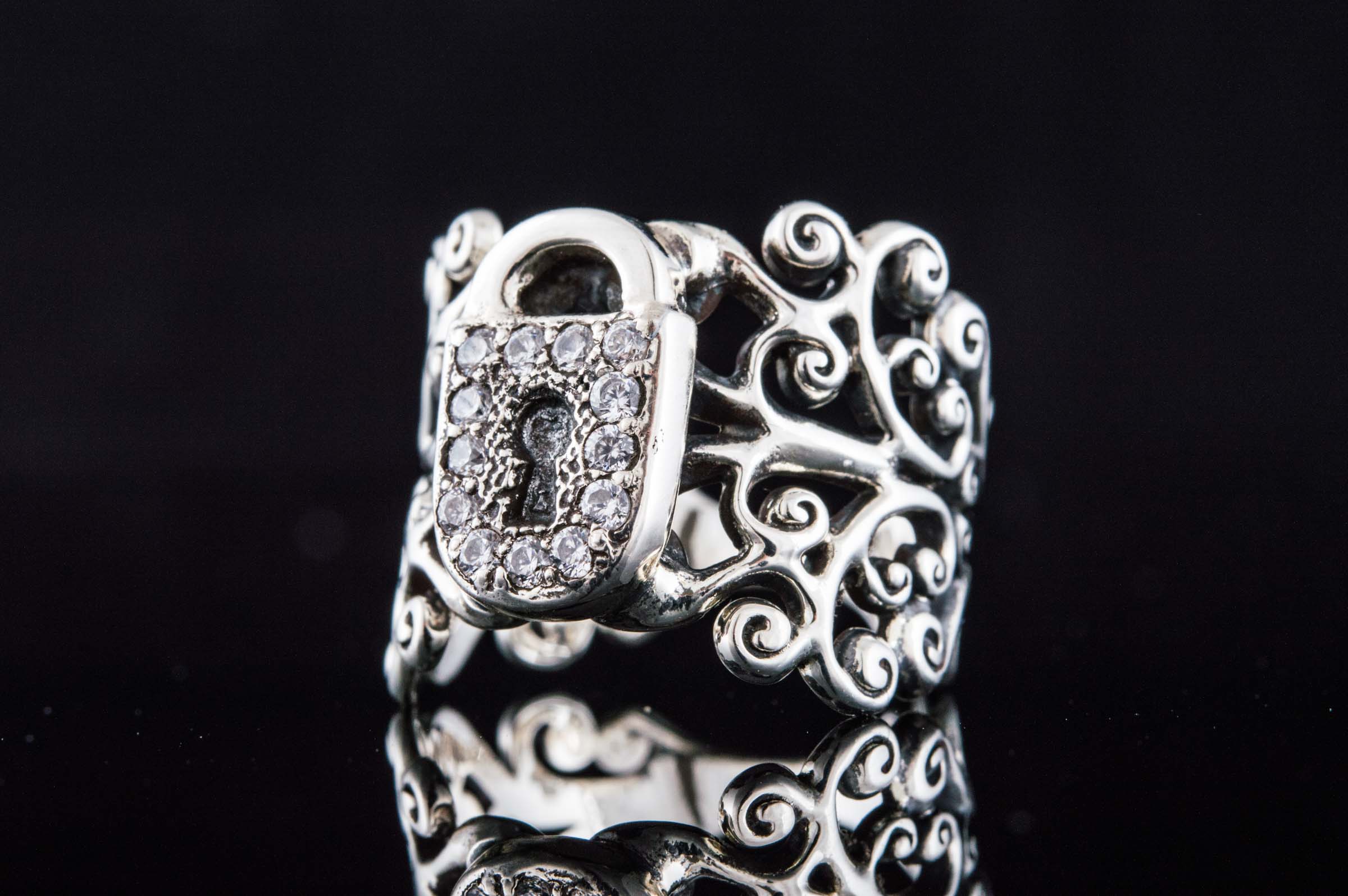 Fashion ring with Ornament and Lock with Cubic Zirconia Sterling Silver Jewelry - vikingworkshop