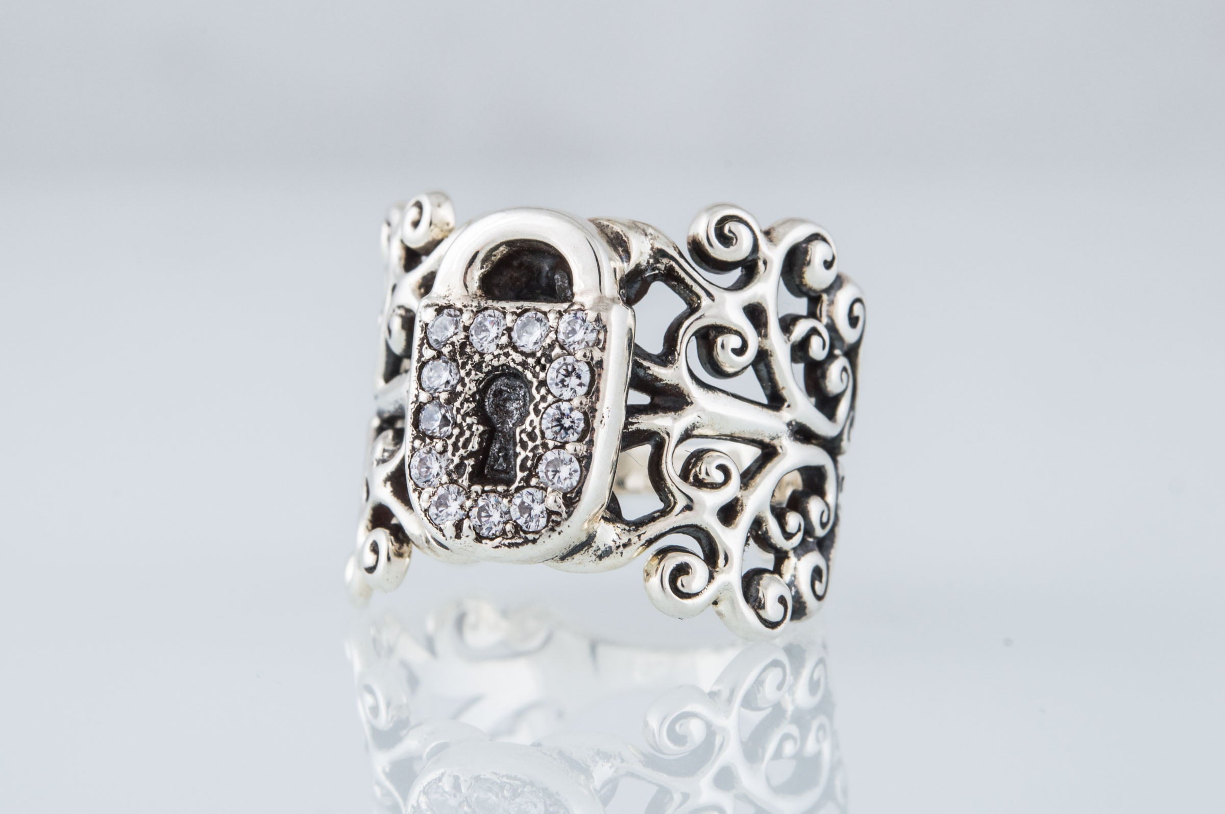 Fashion ring with Ornament and Lock with Cubic Zirconia Sterling Silver Jewelry - vikingworkshop