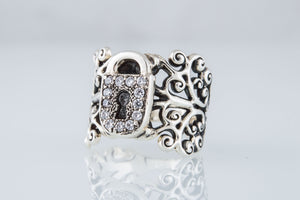 Fashion ring with Ornament and Lock with Cubic Zirconia Sterling Silver Jewelry - vikingworkshop