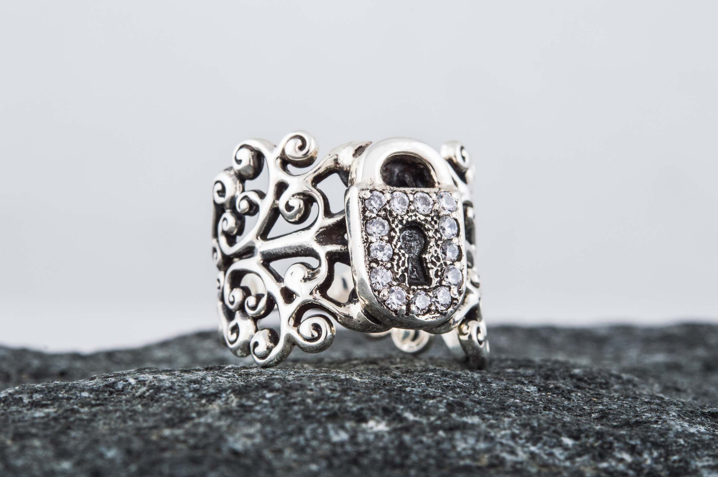 Fashion ring with Ornament and Lock with Cubic Zirconia Sterling Silver Jewelry - vikingworkshop