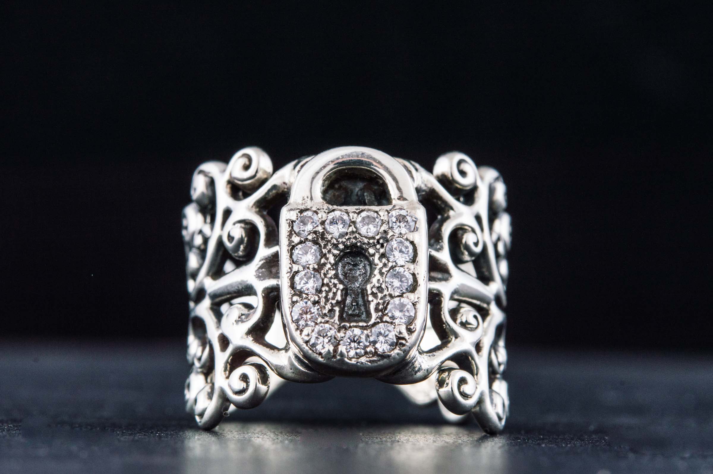 Fashion ring with Ornament and Lock with Cubic Zirconia Sterling Silver Jewelry - vikingworkshop