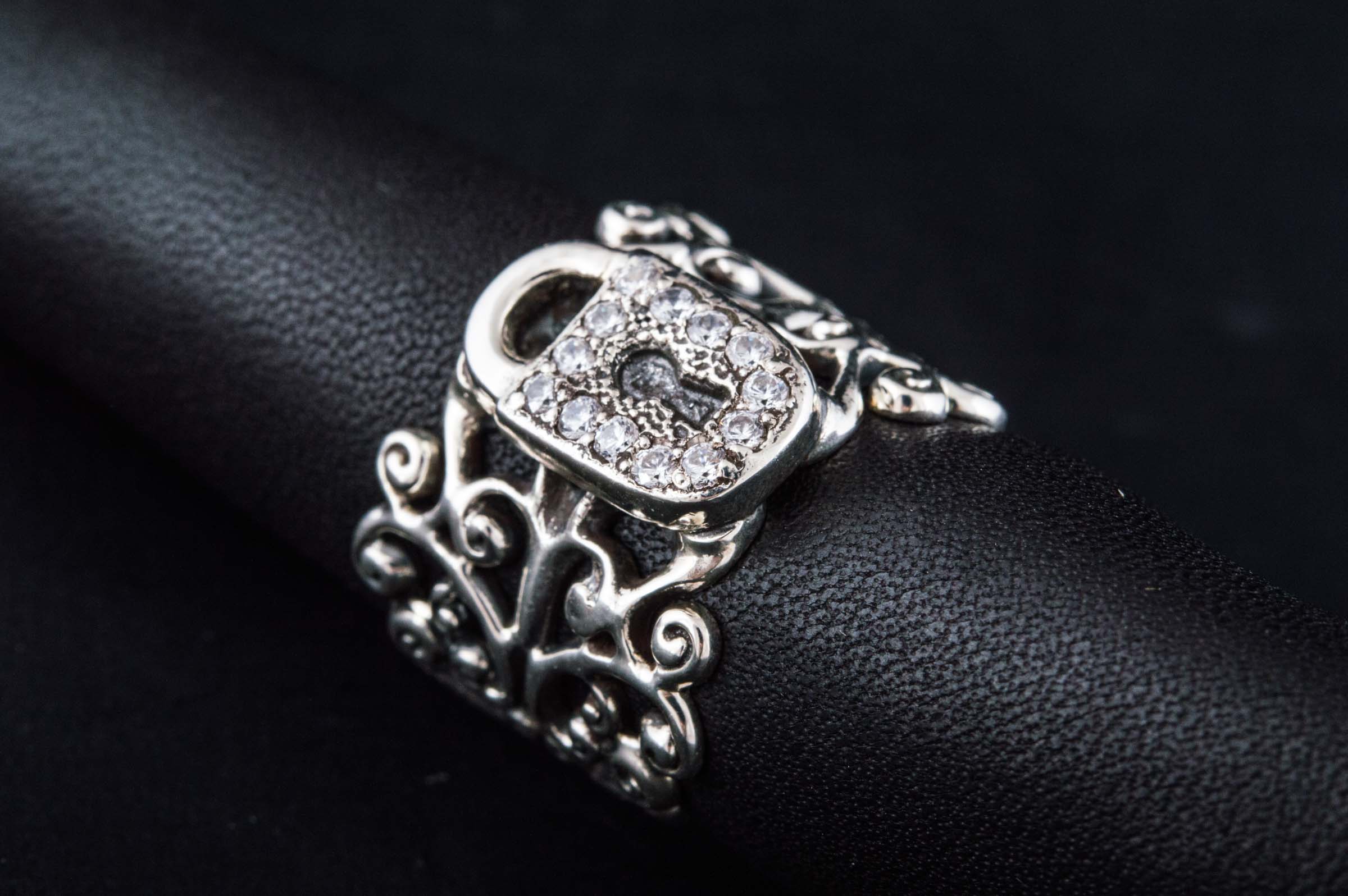 Fashion ring with Ornament and Lock with Cubic Zirconia Sterling Silver Jewelry - vikingworkshop