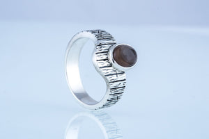 Ring with Tree bark and Smoky quartz gem Sterling silver handmade Jewelry - vikingworkshop