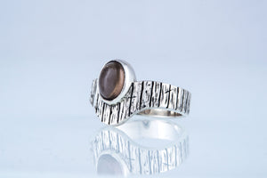 Ring with Tree bark and Smoky quartz gem Sterling silver handmade Jewelry - vikingworkshop