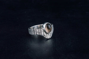 Ring with Tree bark and Smoky quartz gem Sterling silver handmade Jewelry - vikingworkshop