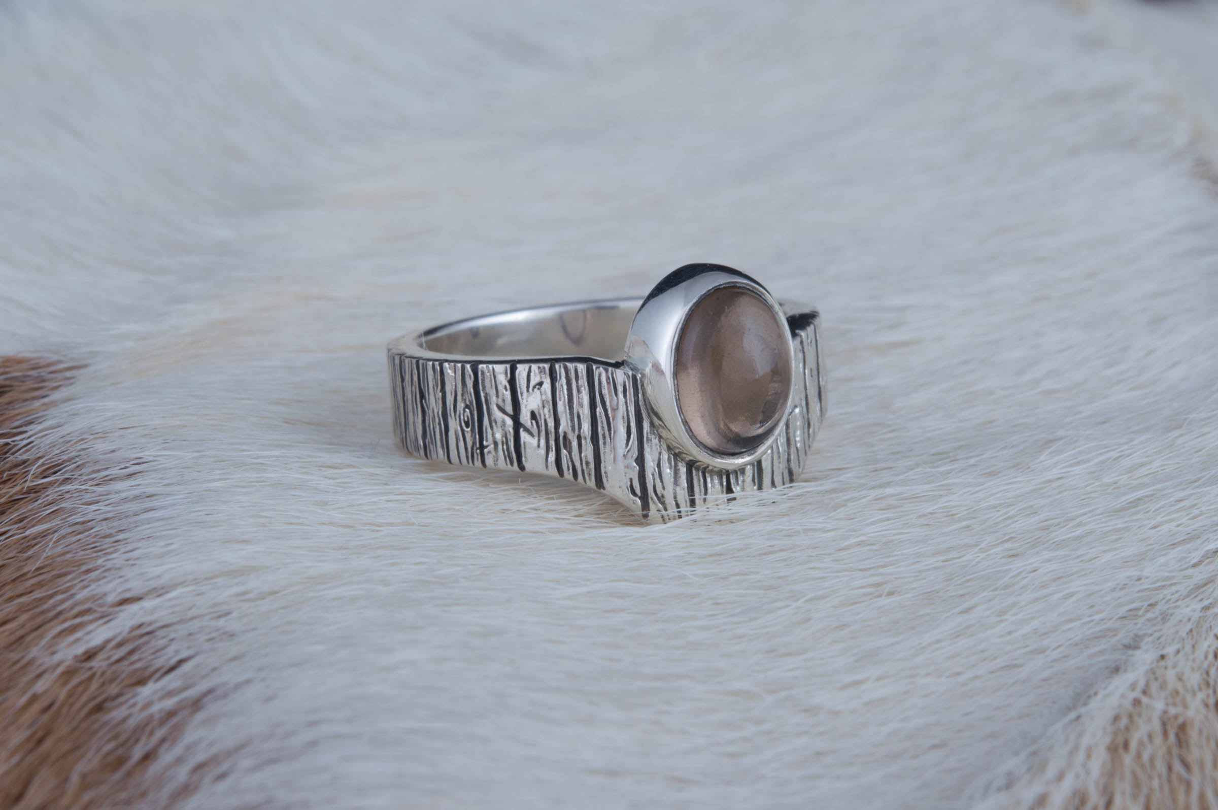 Ring with Tree bark and Smoky quartz gem Sterling silver handmade Jewelry - vikingworkshop