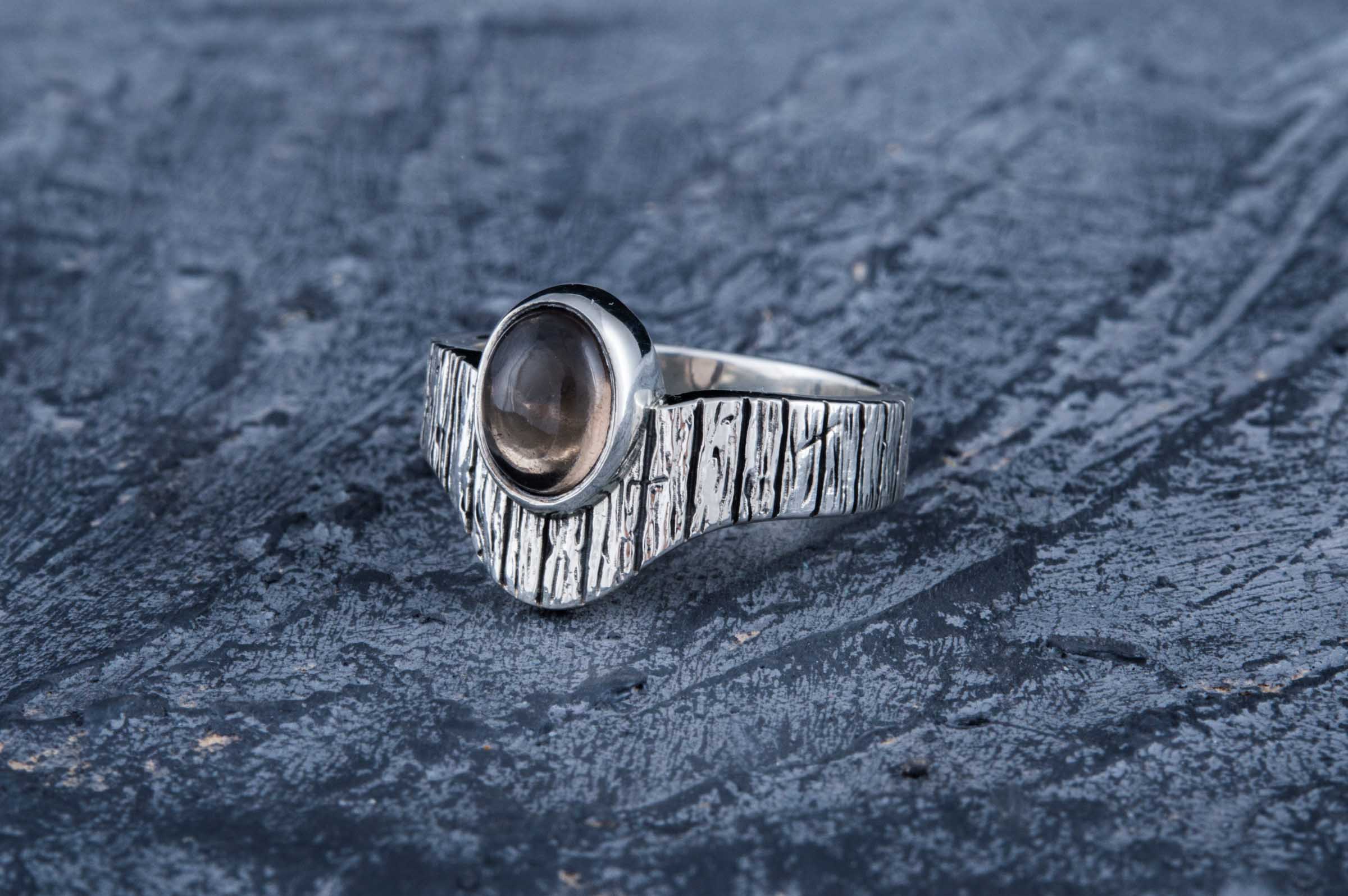 Ring with Tree bark and Smoky quartz gem Sterling silver handmade Jewelry - vikingworkshop