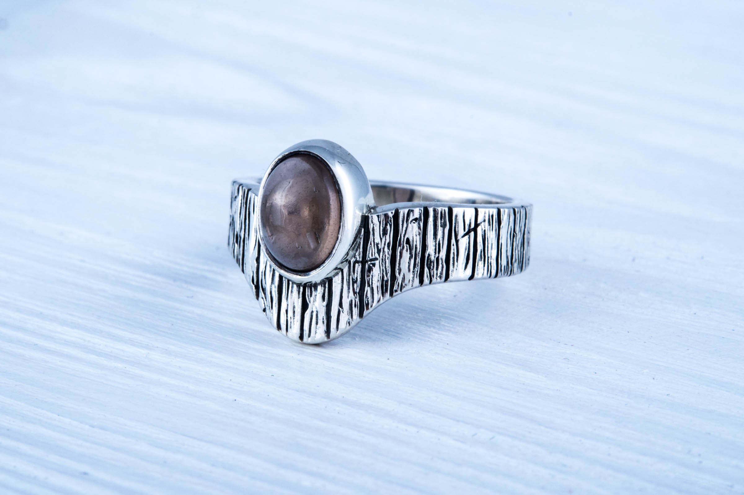 Ring with Tree bark and Smoky quartz gem Sterling silver handmade Jewelry - vikingworkshop