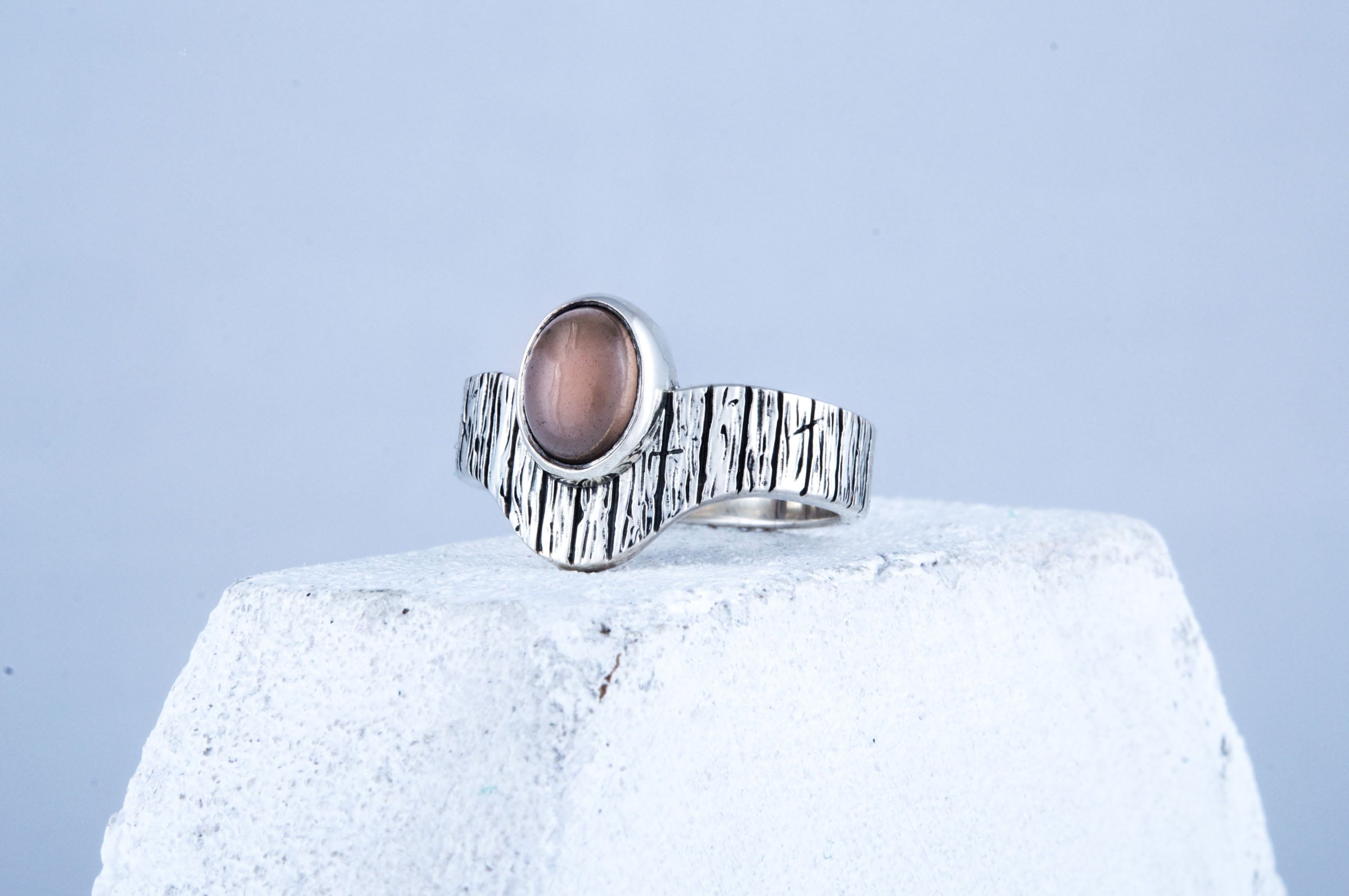 Ring with Tree bark and Smoky quartz gem Sterling silver handmade Jewelry - vikingworkshop