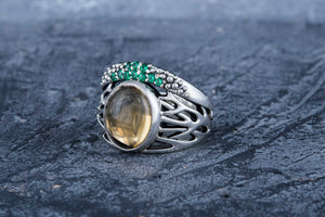 Ring with Citrine and Green Cubic Zirconia Sterling Silver Jewelry - vikingworkshop