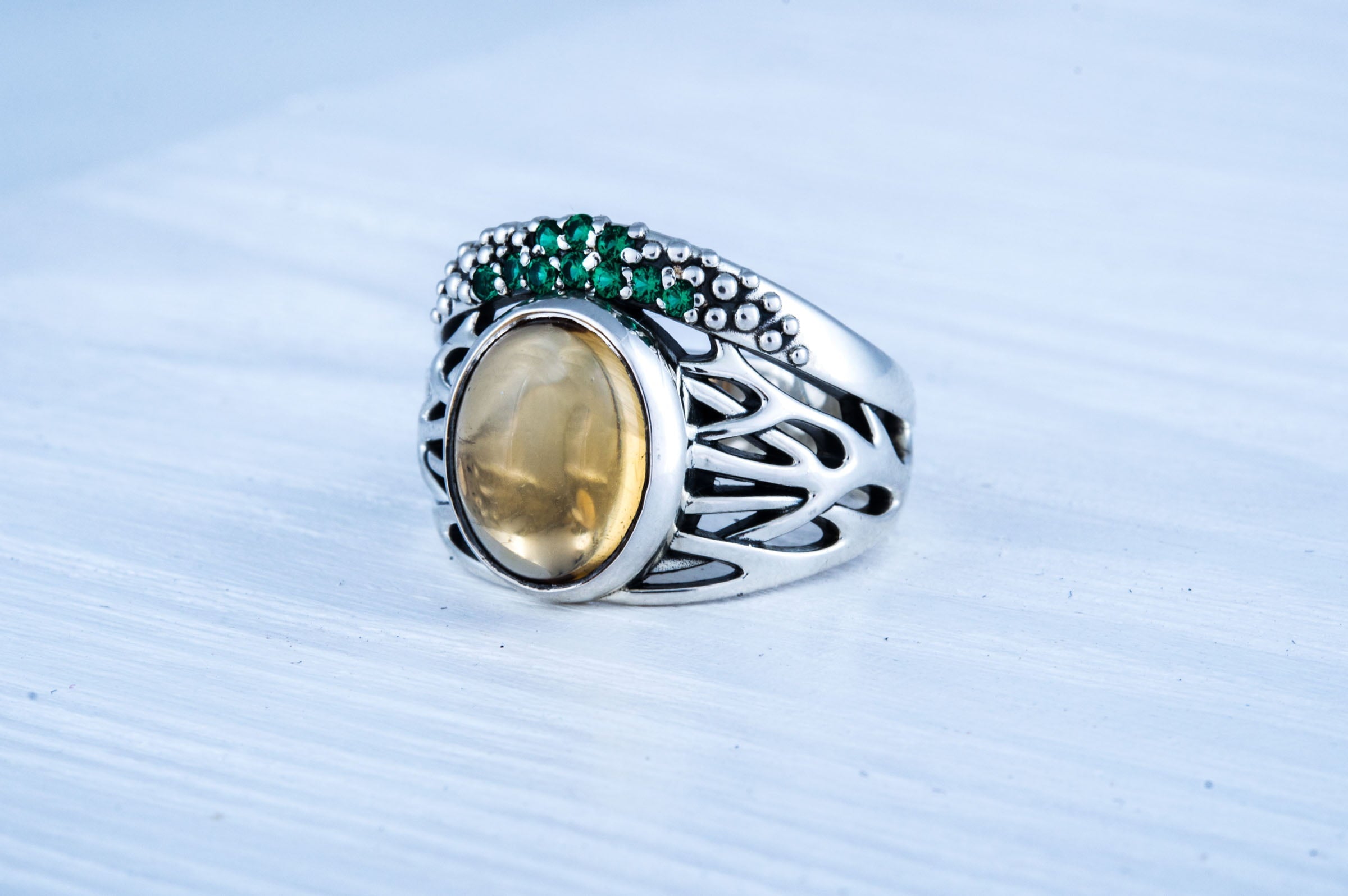 Ring with Citrine and Green Cubic Zirconia Sterling Silver Jewelry - vikingworkshop