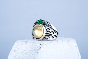 Ring with Citrine and Green Cubic Zirconia Sterling Silver Jewelry - vikingworkshop