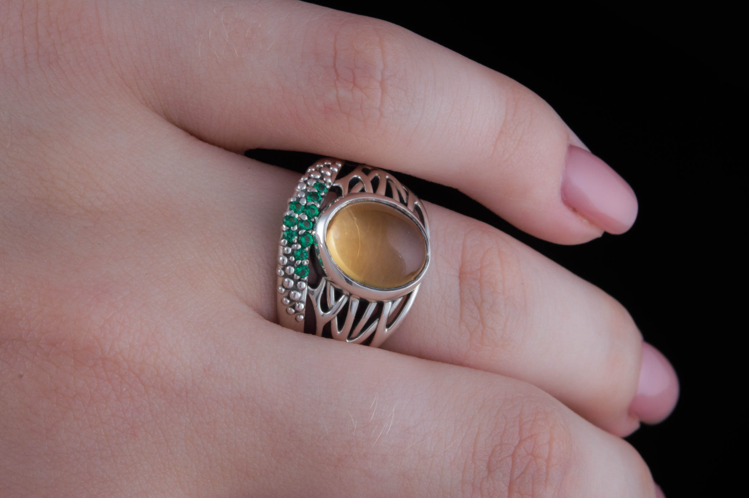 Ring with Citrine and Green Cubic Zirconia Sterling Silver Jewelry - vikingworkshop