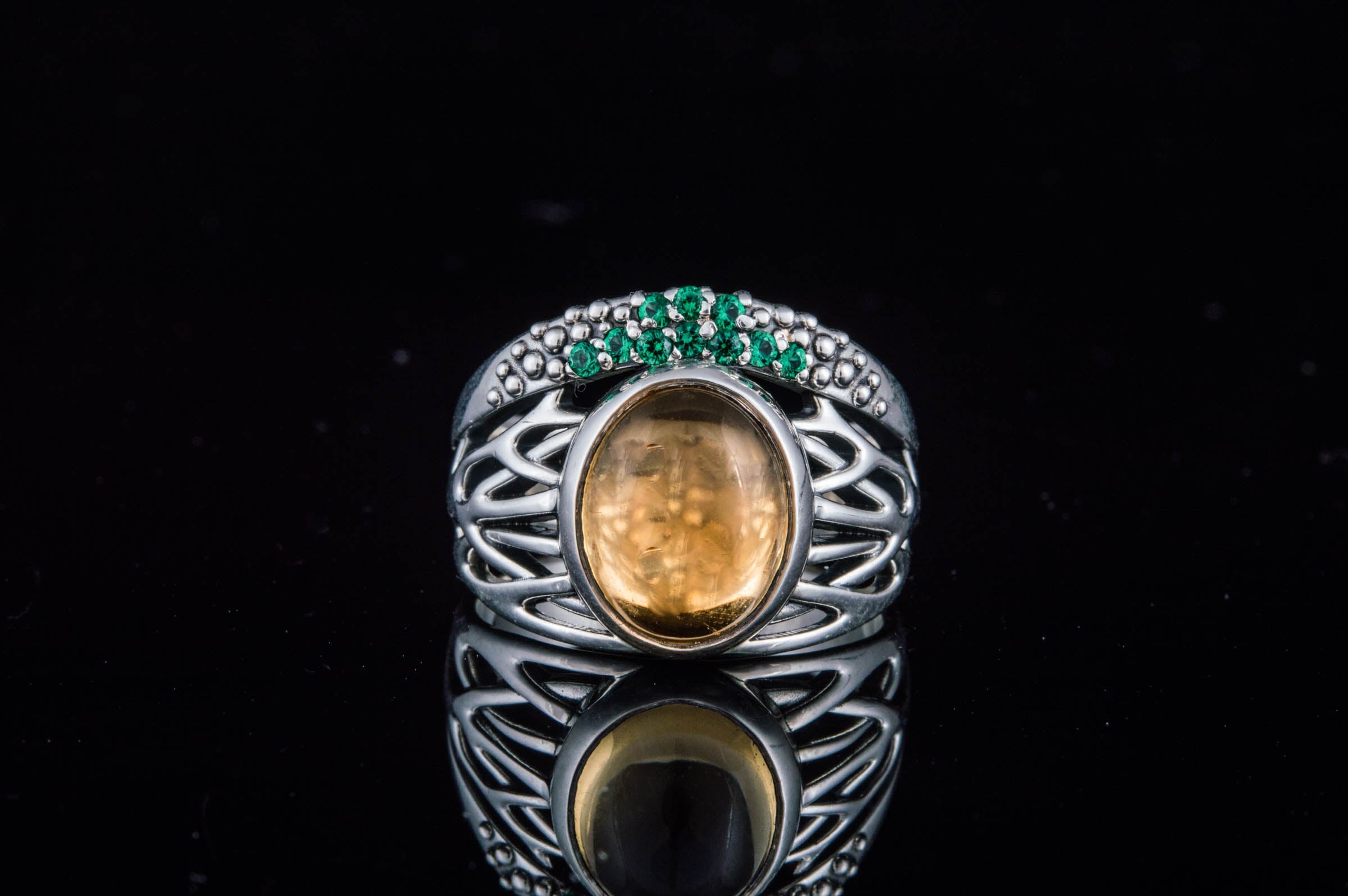 Ring with Citrine and Green Cubic Zirconia Sterling Silver Jewelry - vikingworkshop